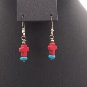 Vintage  Silver /Coral/ Turquoise Bead Cross  Dangle Earrings